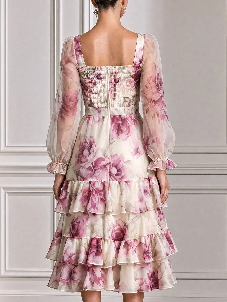 Floral Smocked Sheer Puff Sleeves & Ruffle Hem Midi Dress