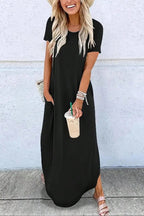 Women's Plain Pocket Round Neck Curved Hem Jersey Tee Dress Style