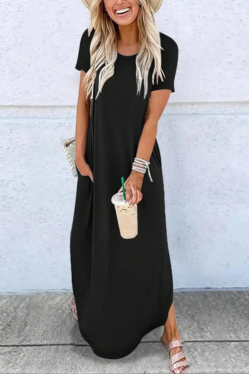 Women's Plain Pocket Round Neck Curved Hem Jersey Tee Dress Style
