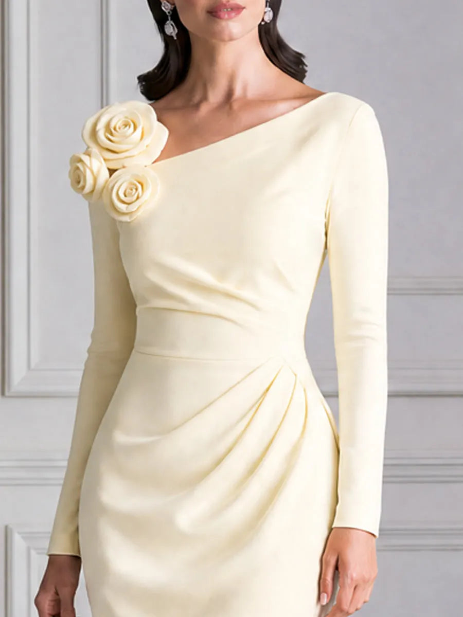 3D Rose Floral Asymmetrical Neck Ruched Midi Sheath Dress