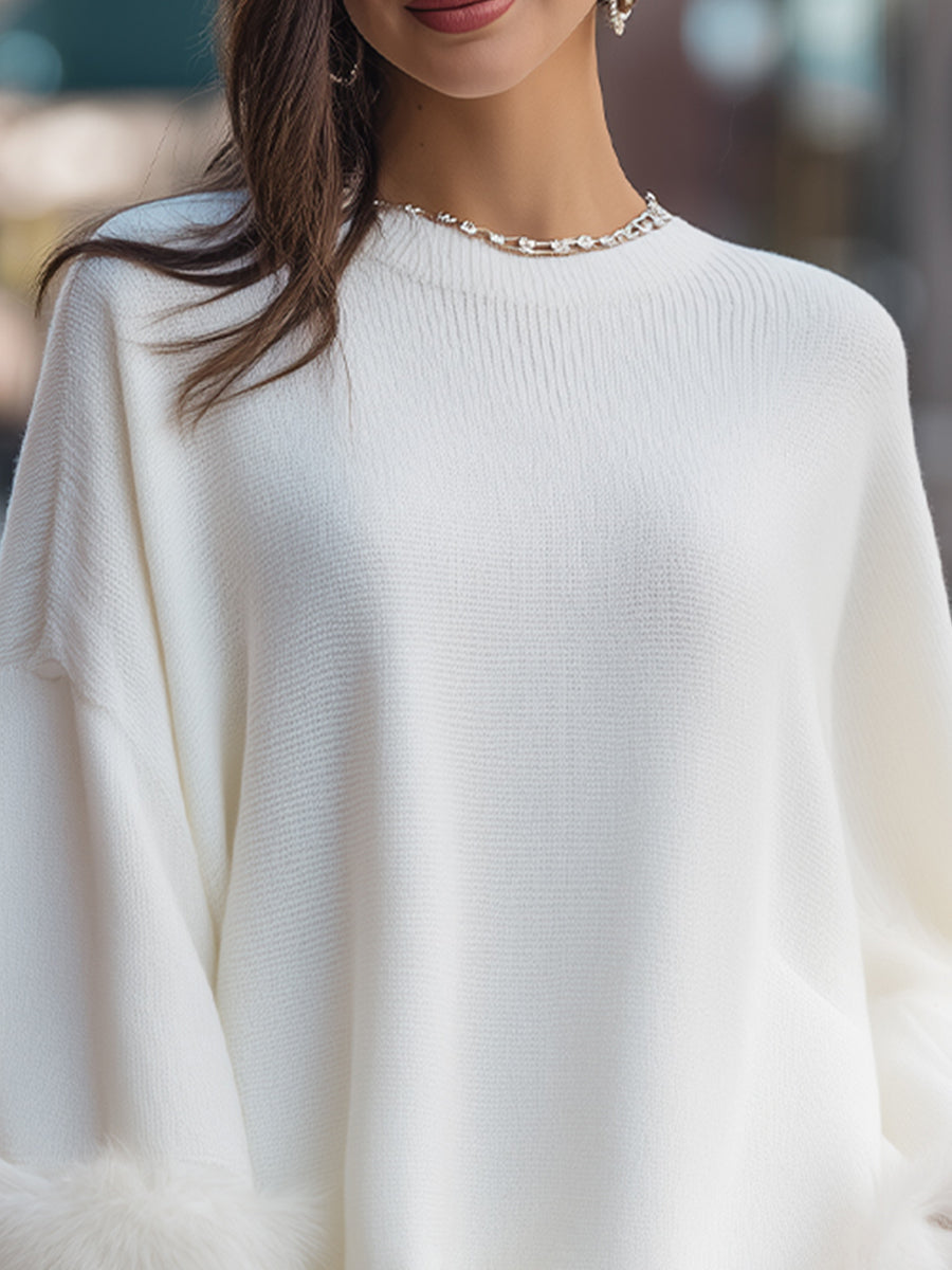 Elegant Faux Fur-Trimmed Knit Sweater