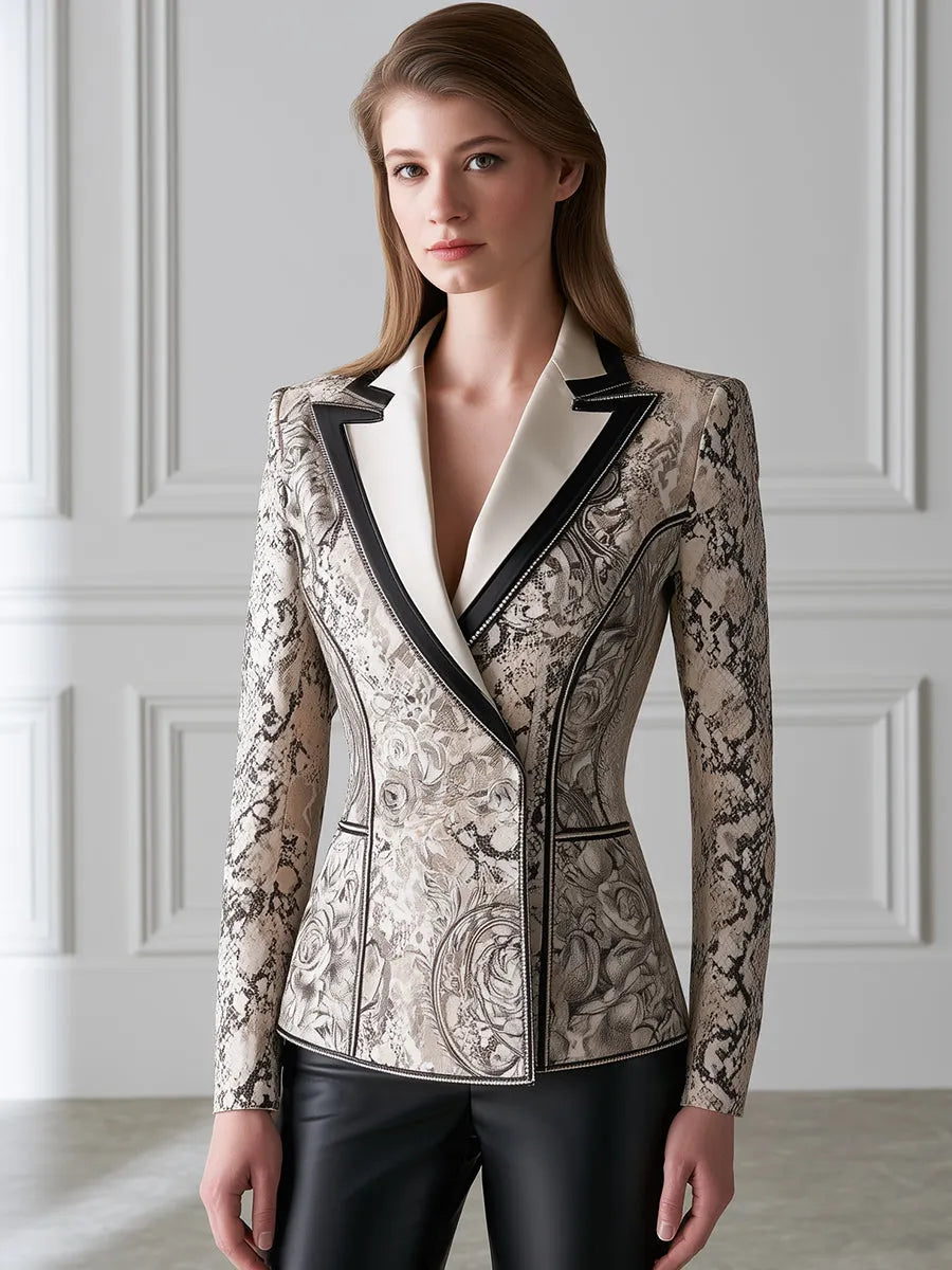 Ornate Snake Print Contrast-Lapel Tailored Blazer