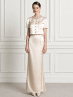 Elegant Satin Beaded Crop Top & Maxi Skirt Two-Piece Set