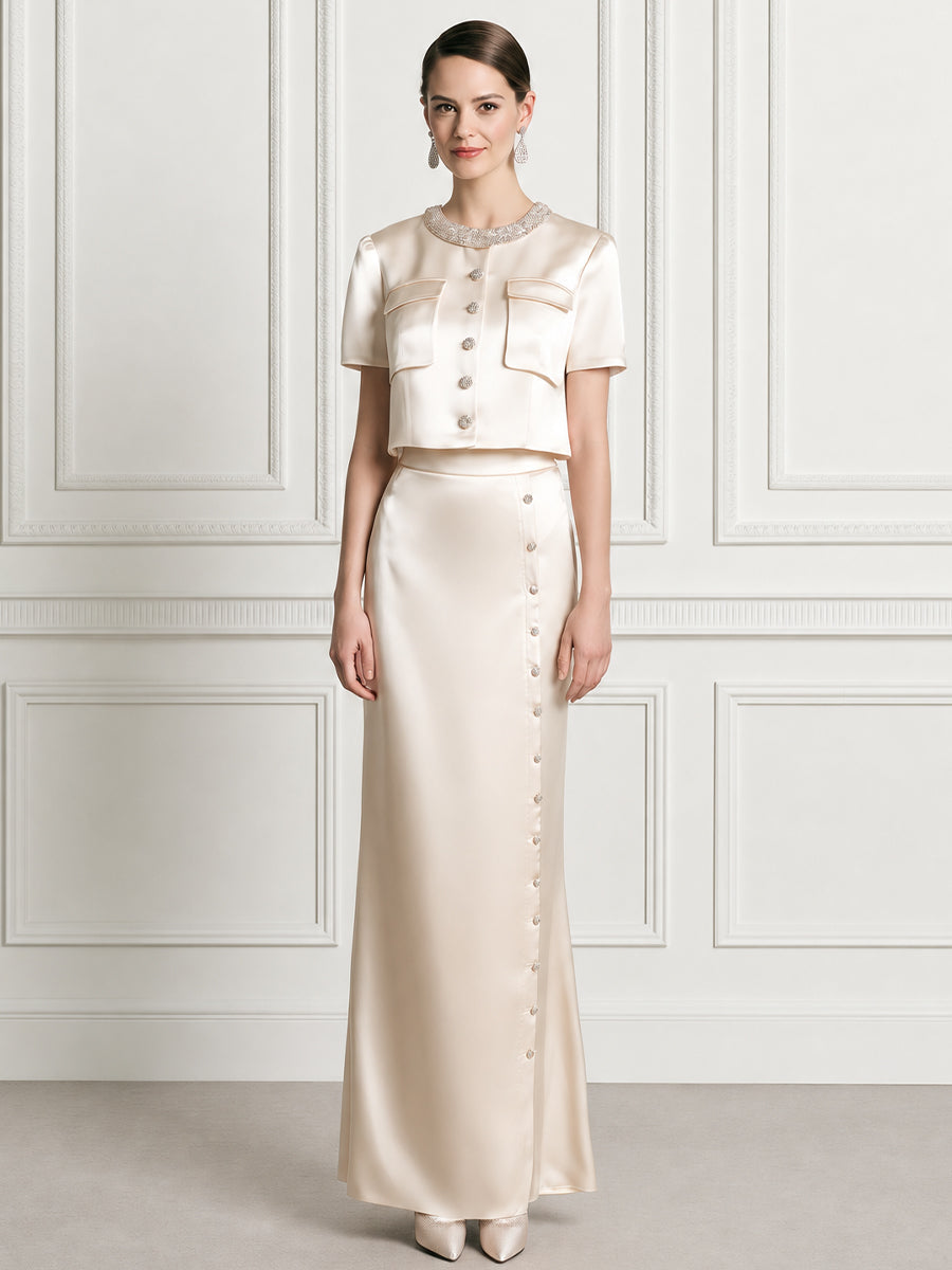 Elegant Satin Beaded Crop Top & Maxi Skirt Two-Piece Set