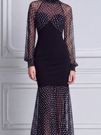 Black Dress Fall Wedding Guest Dress Polka Dot Mesh Mermaid Midi Dress