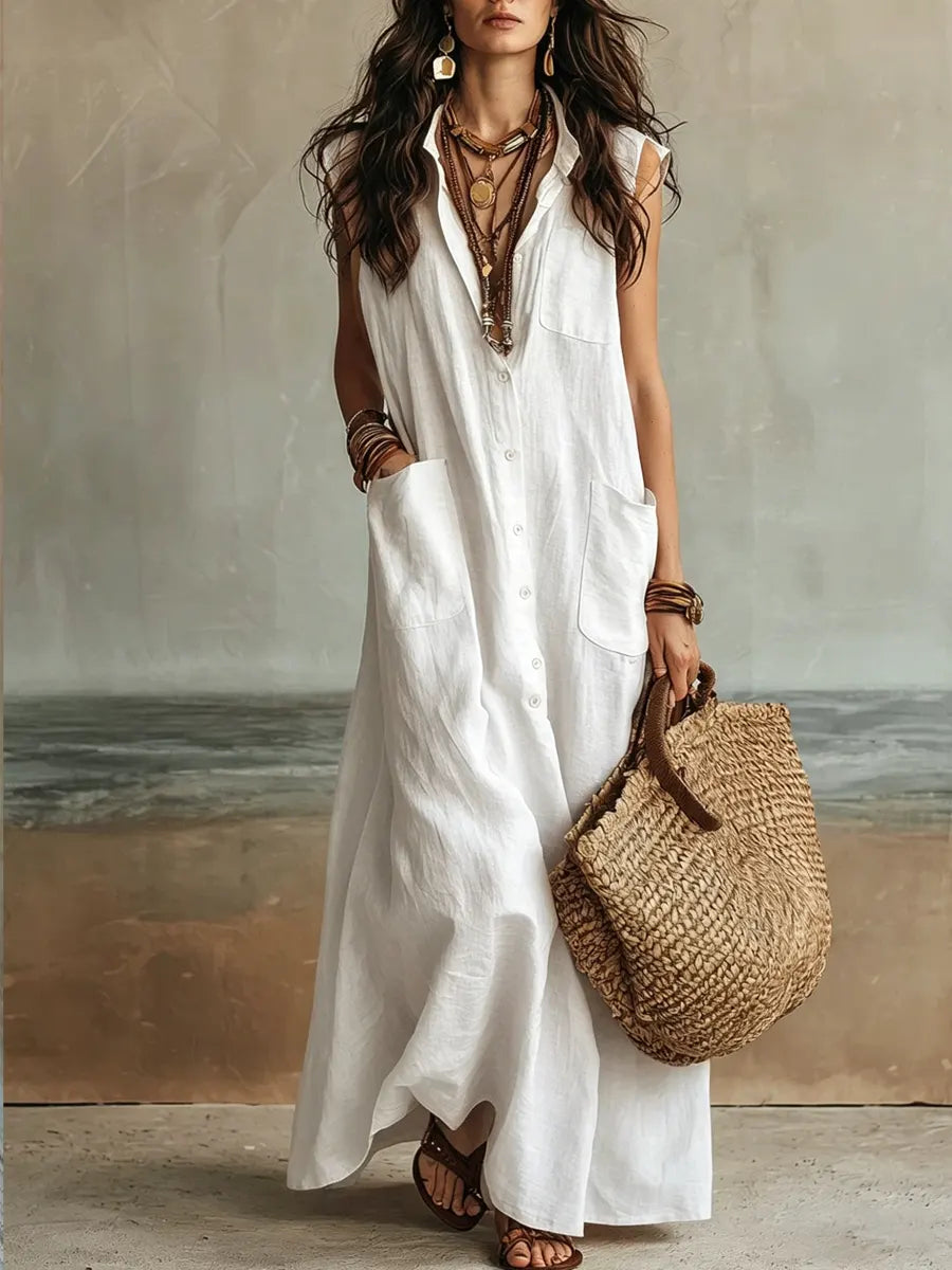 Women's Sleeveless Simple Cotton And Linen Dress