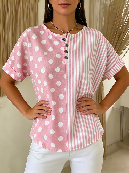 Artistic Polka Dot & Stripe Cotton-linen Henley Blouse