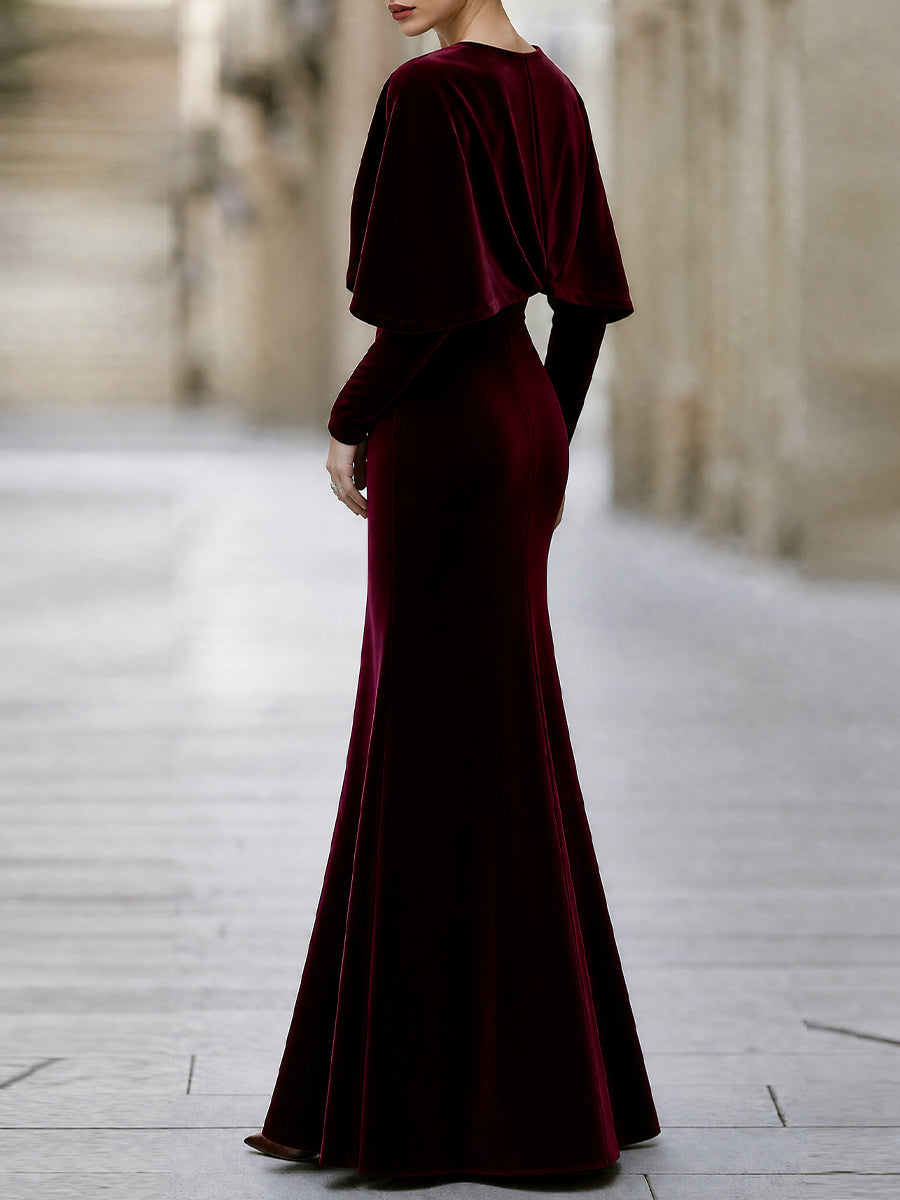 Elegant Velvet V-Neck Cape Sleeve Mermaid Evening Gown