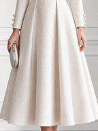 Elegant Jacquard Boat Neck Pearl Button Cuffs Dress