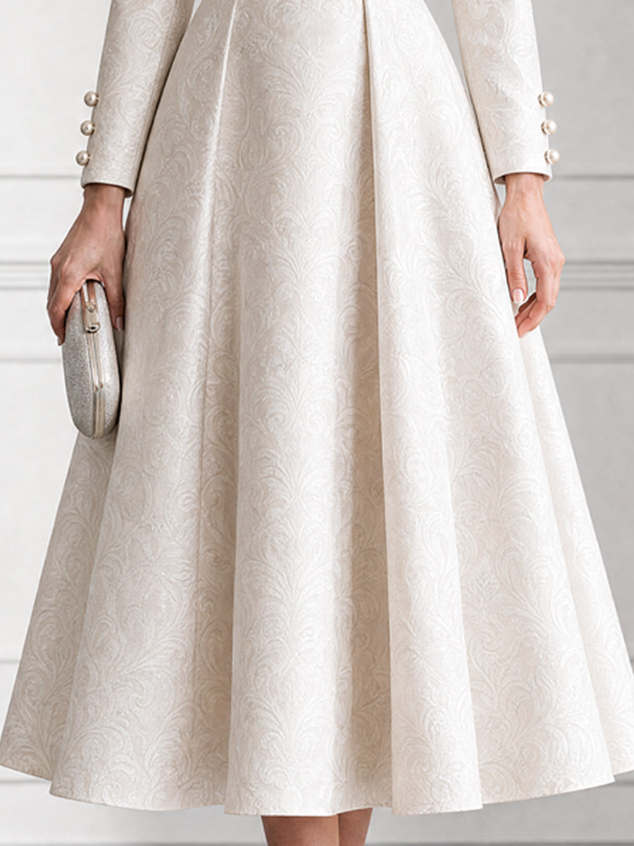 Elegant Jacquard Boat Neck Pearl Button Cuffs Dress