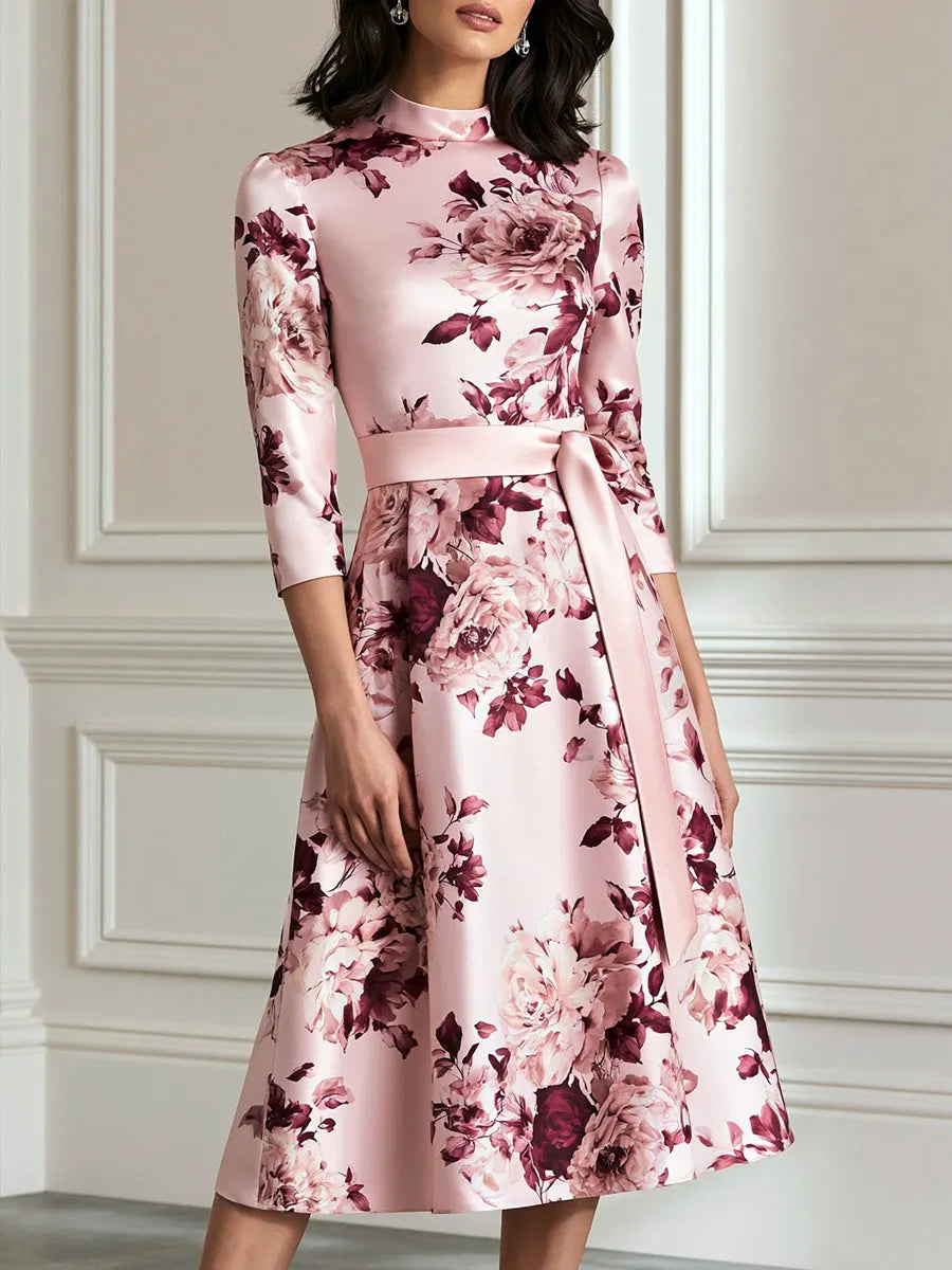 Pink Floral Printed Satin High Neck Midi Dress