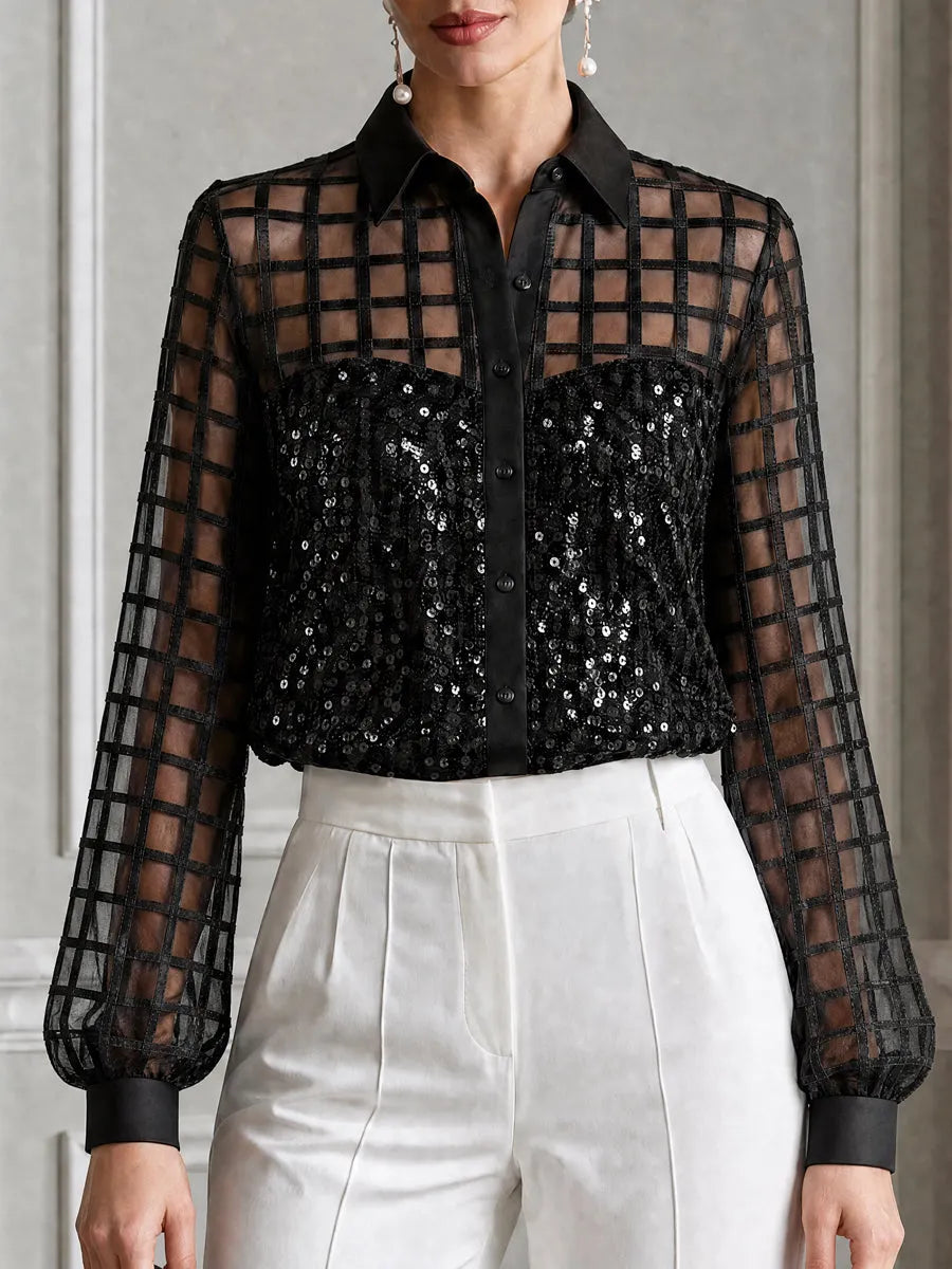 Grid Mesh Patchwork Sequin Long Sleeve Shirt