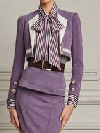 Lavender Stripe Bow Neck Cropped Blazer & Pencil Midi Skirt Two-Piece Suit Set