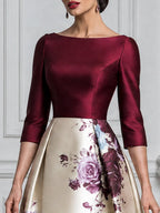 Burgundy Satin Bodice Floral Print A-Line Midi Dress