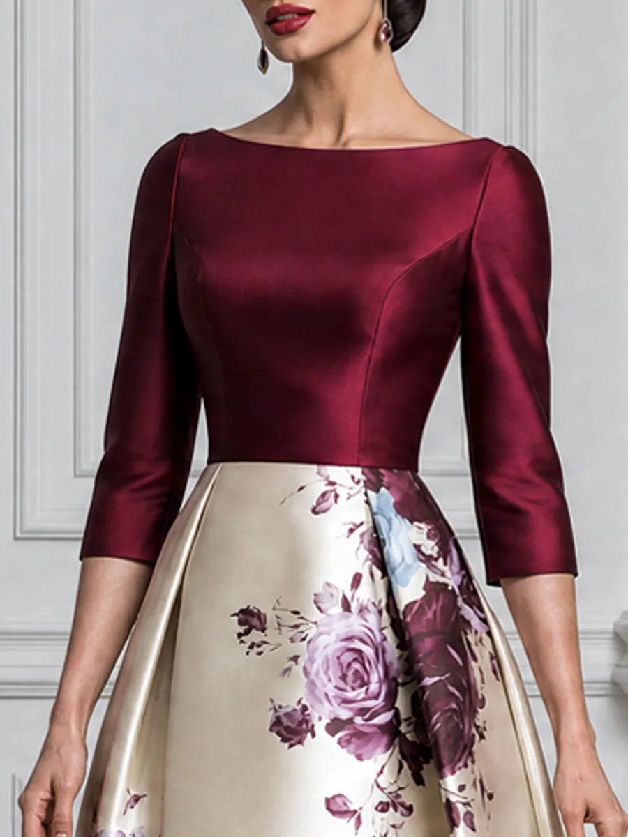 Burgundy Satin Bodice Floral Print A-Line Midi Dress