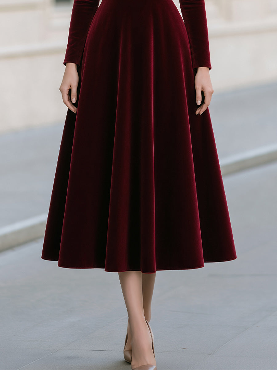 Velvet Draped Off-Shoulder A-Line Midi Dress