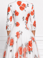 White Watercolor Red Floral Print Shirt Collar Pleated Tulle A-Line Midi Dress