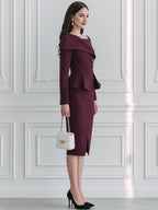 Elegant Long Sleeve Peplum Bodycon Midi Dress with Fold-Over Collar