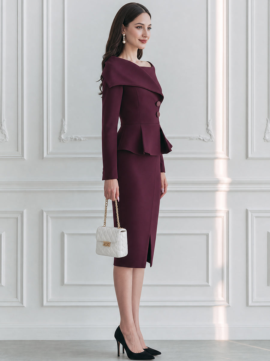 Elegant Long Sleeve Peplum Bodycon Midi Dress with Fold-Over Collar
