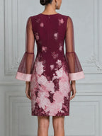 Burgundy Pink Floral Print Sheer Bell Sleeve Shift Mini Dress
