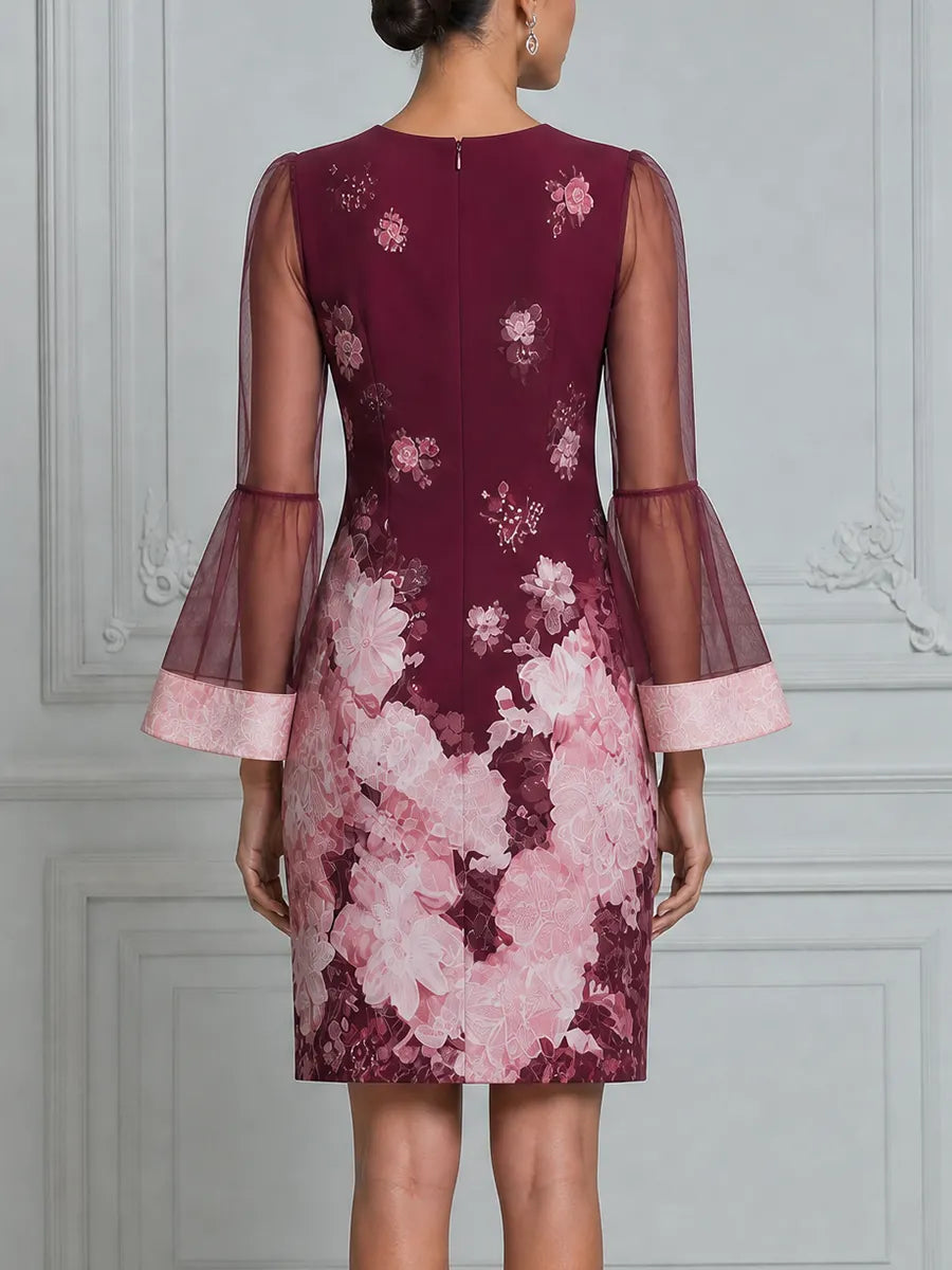 Burgundy Pink Floral Print Sheer Bell Sleeve Shift Mini Dress