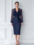 Sheer Chiffon Blouse & Sequin Midi Skirt Two-Piece Set