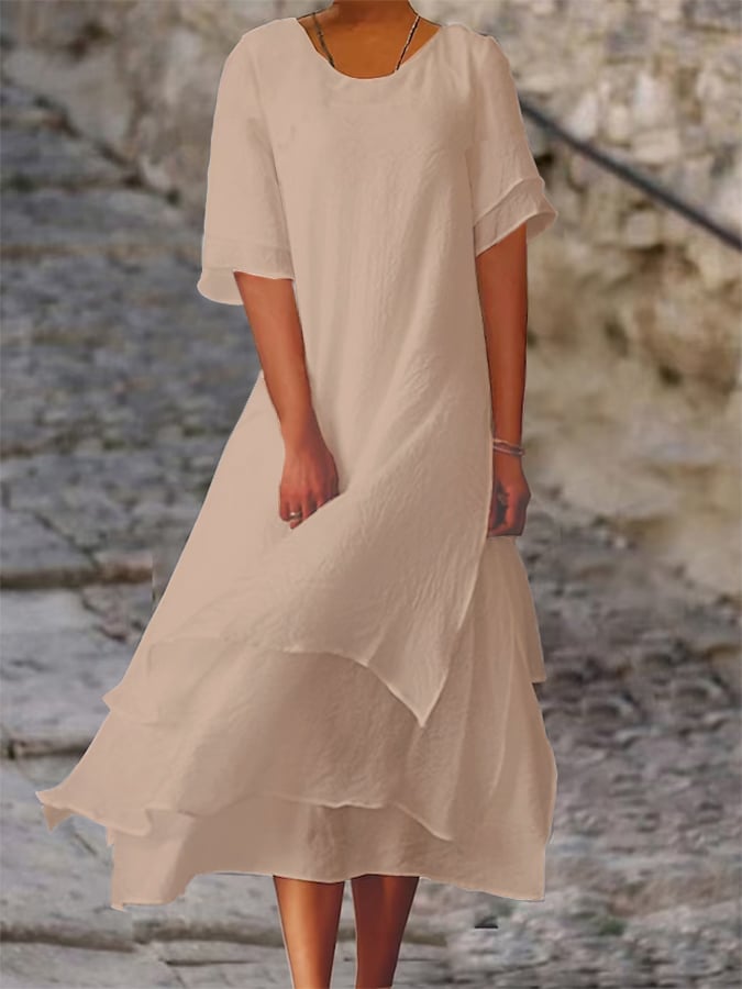 Polyester Cotton Double-Layer Color-Block Slit Short-Sleeved Round Neck Dress