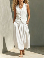 Solid-color Sleeveless Button-front Cardigan Vest Dress Set