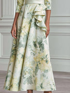 Watercolor Floral Print Ruffle Trim Acetate Satin Maxi Dress
