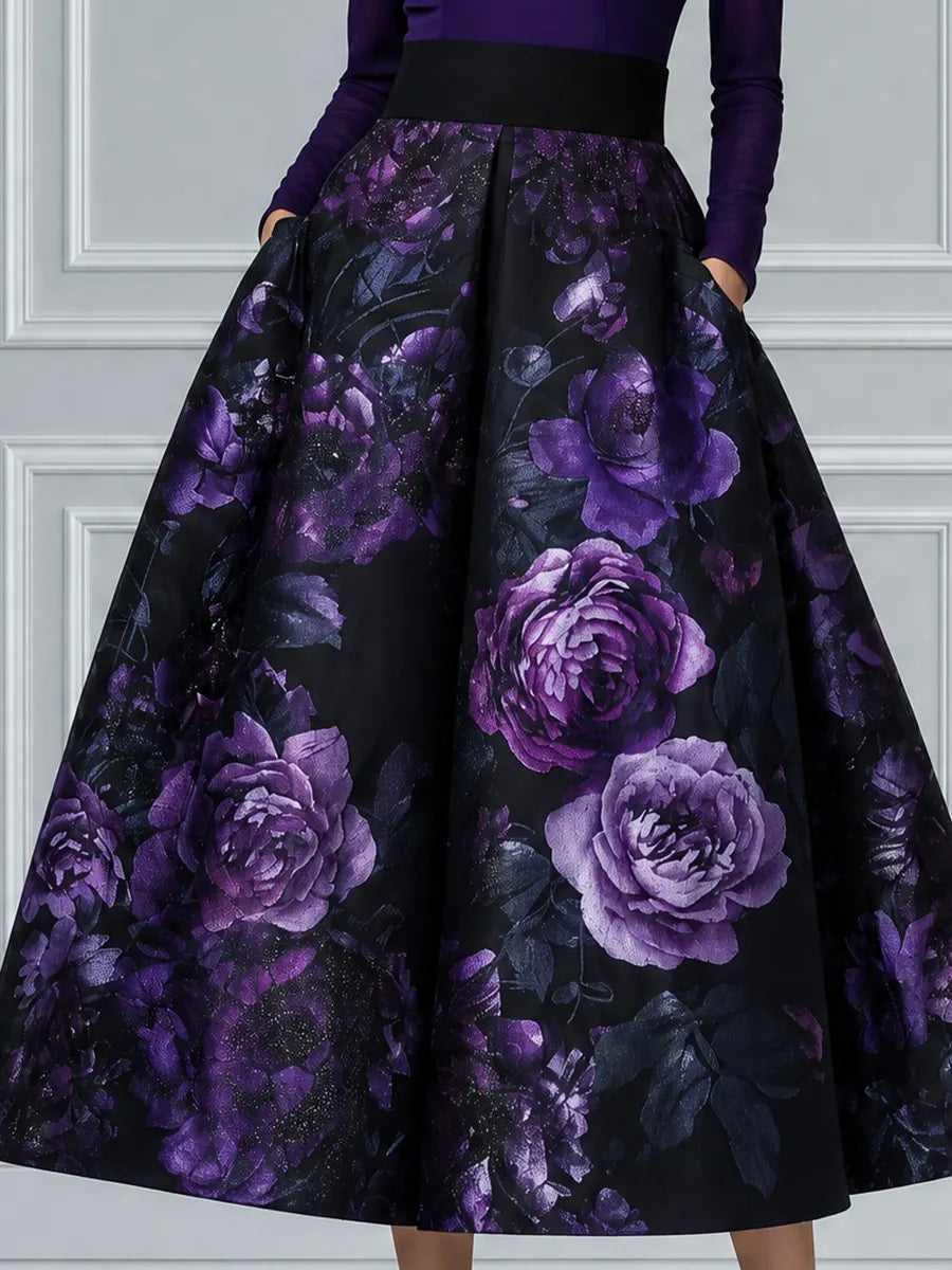 Deep Purple Sheer High Neck Bodice & Black Purple Floral Print A-Line Midi Dress