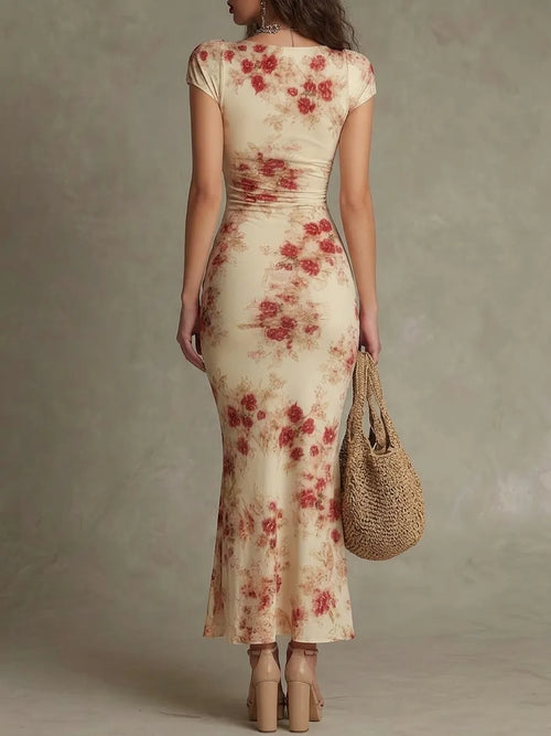 Beige Rose Print Pleated Bodycon Maxi Dress