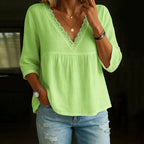 Women's Vintage Lace Cotton And Linen V-neck T-shirt