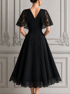 Black Lace Dress Fall Wedding Guest Dress Cape Sleeve A-Line Midi Dress