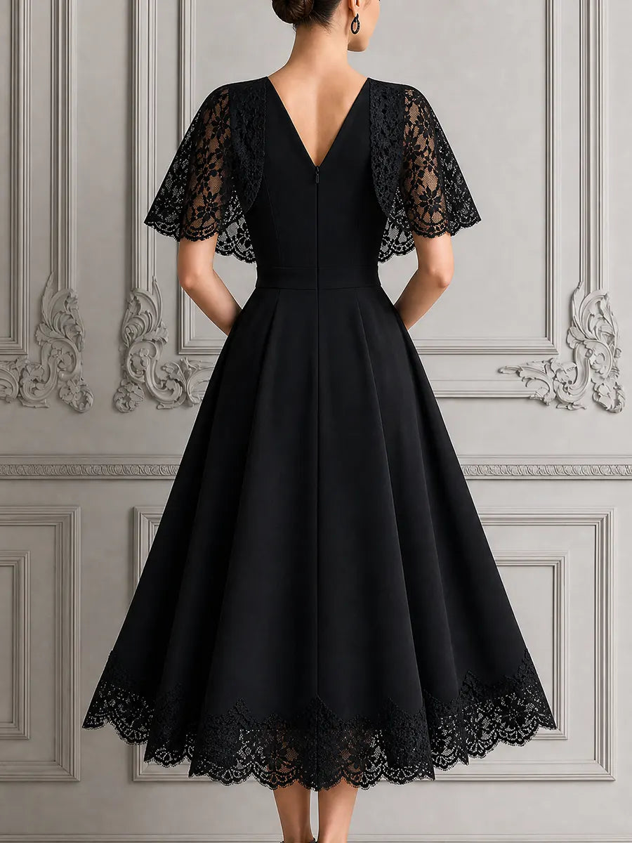 Black Lace Dress Fall Wedding Guest Dress Cape Sleeve A-Line Midi Dress