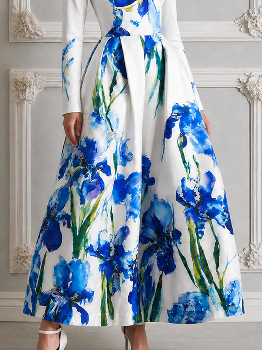 White Watercolor Blue Iris Print Square Neck Long Sleeve A-Line Maxi Dress