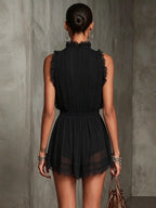Ruffle Trim Pleated Chiffon Lace Jumpsuit
