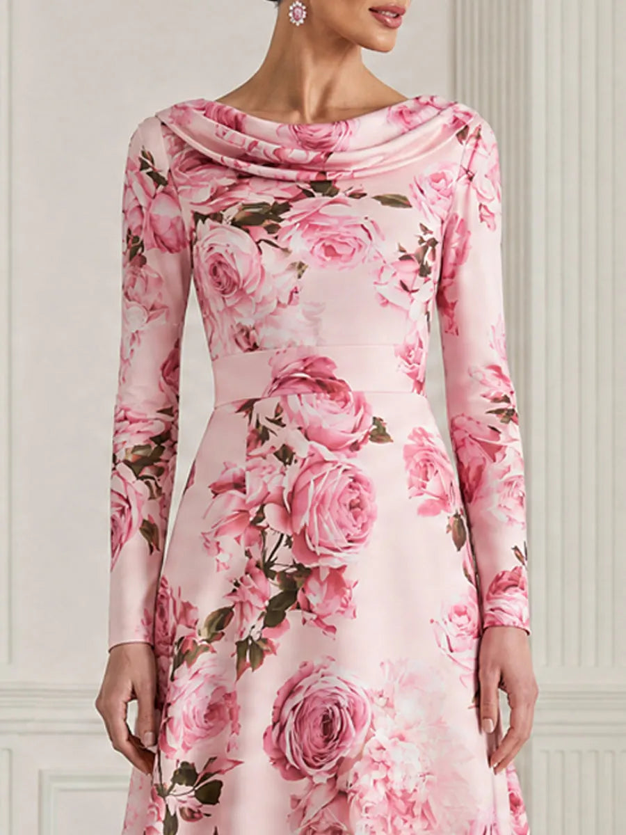 Rose Floral Print Cowl Neck Satin Maxi Evening Dress