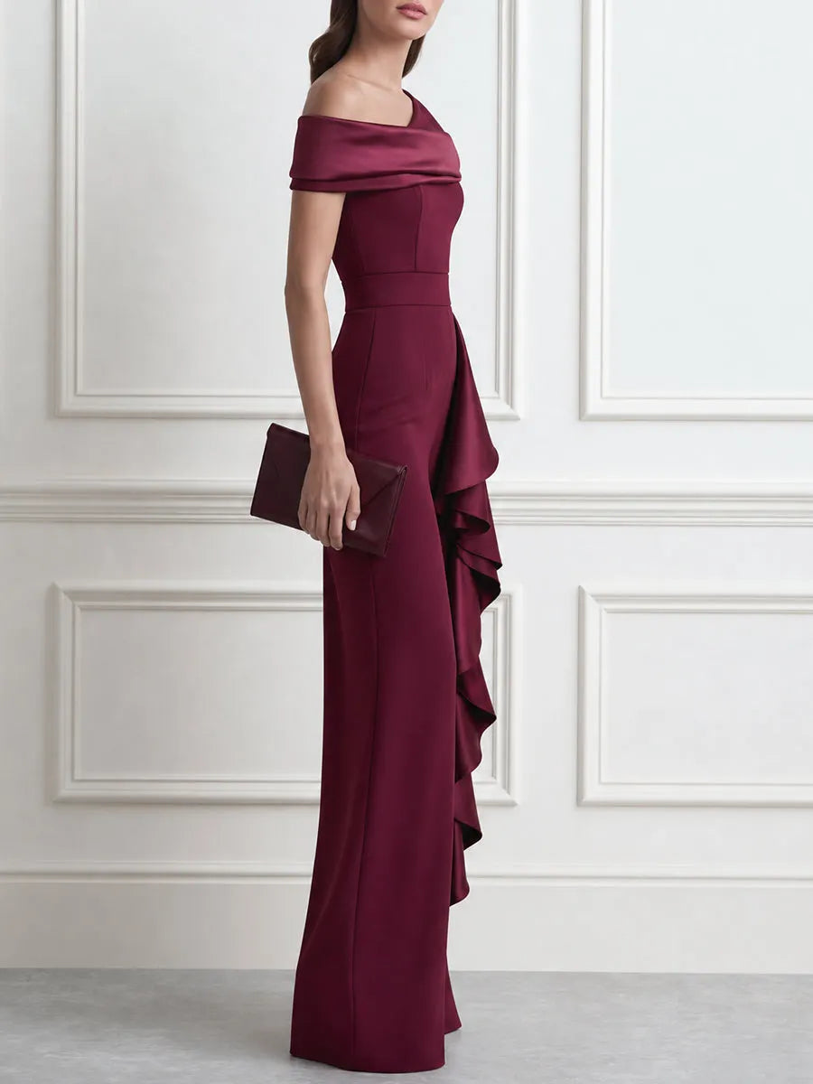 Asymmetric One-Shoulder Cascading Ruffle Satin Wide-Leg Jumpsuit