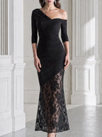 Asymmetrical Off Shoulder Ruched Floral Lace Hem Maxi Dress