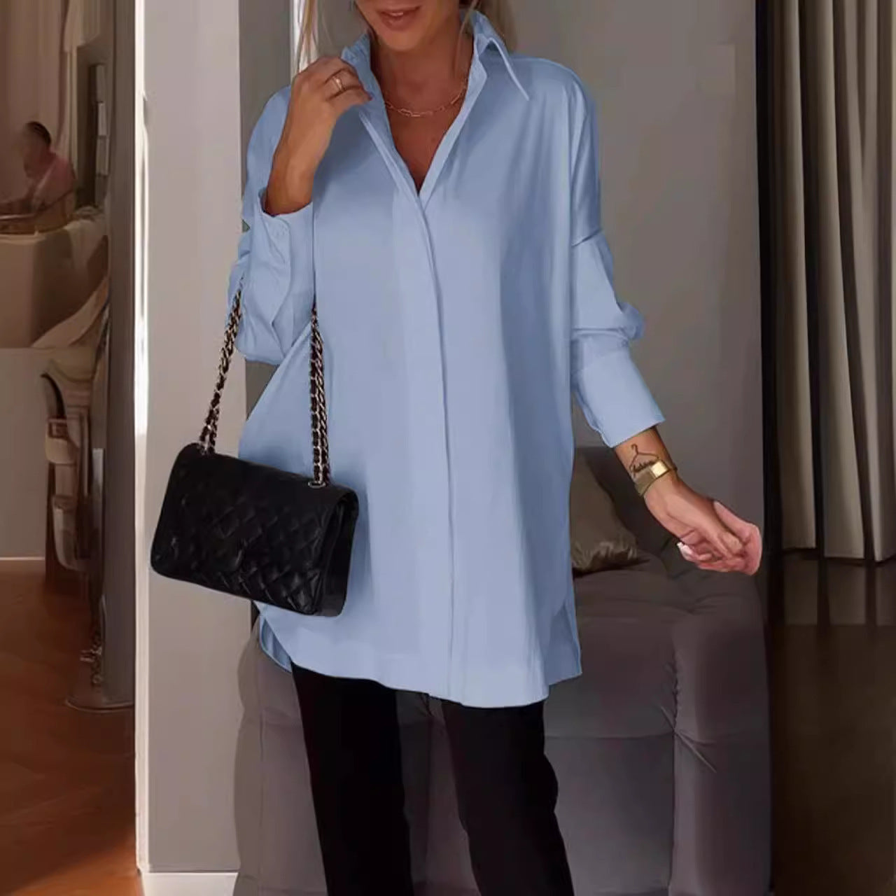 Women Long Sleeve Blouse Lapel Slit Shirt