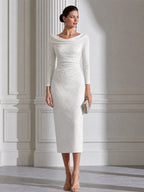 Textured Jacquard Cowl Neck Long Sleeve Midi Dress