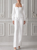 White Square Neck Zip Front Jacket & Wide Leg Pants Set