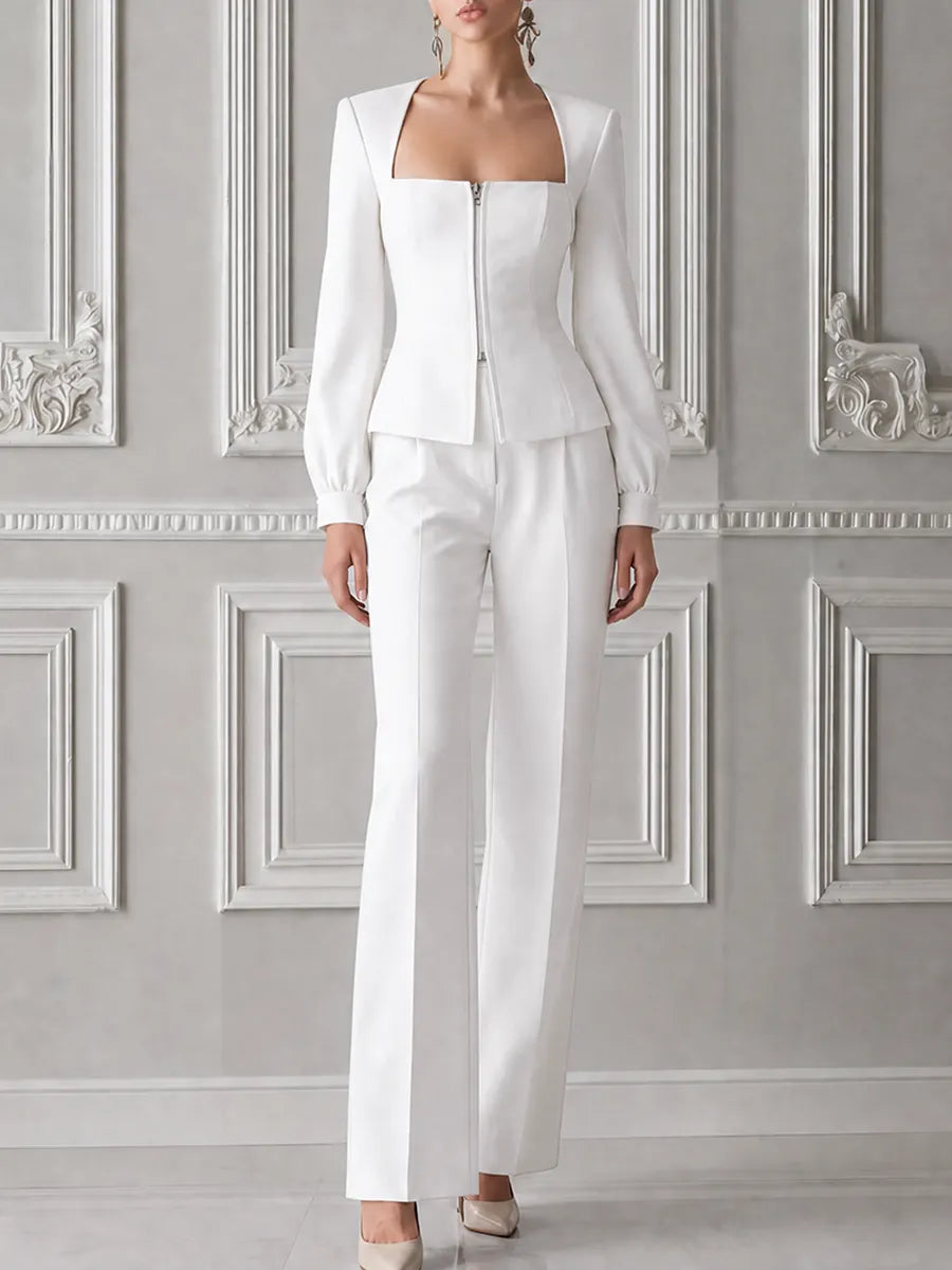 White Square Neck Zip Front Jacket & Wide Leg Pants Set