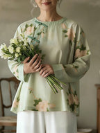 Women's Casual Floral Art Linen Blend Blouse