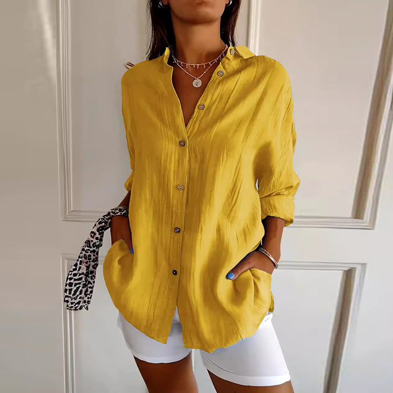 Casual Single Breasted Pleated Lapel Solid Color Cotton Linen Shirt