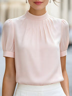High-Neck Pleated Puff Sleeve Blouse