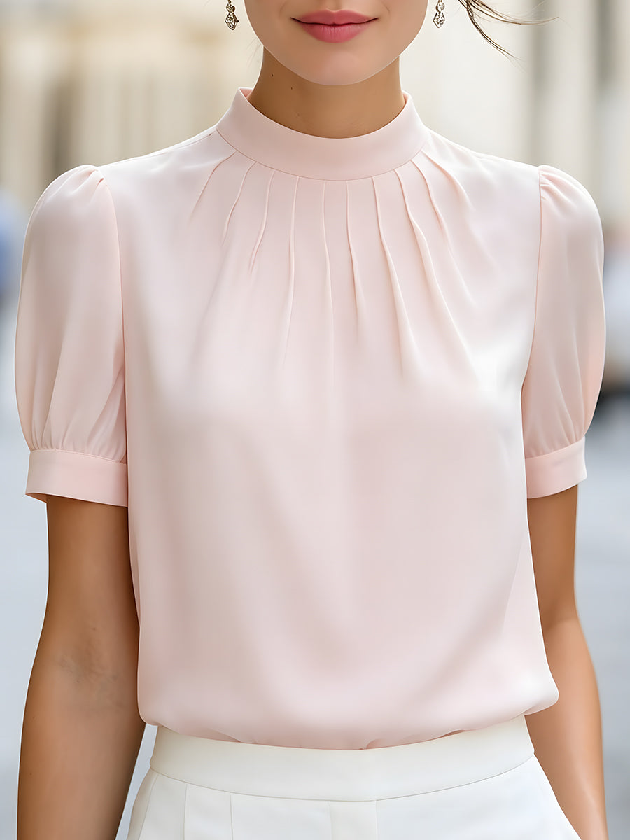 High-Neck Pleated Puff Sleeve Blouse