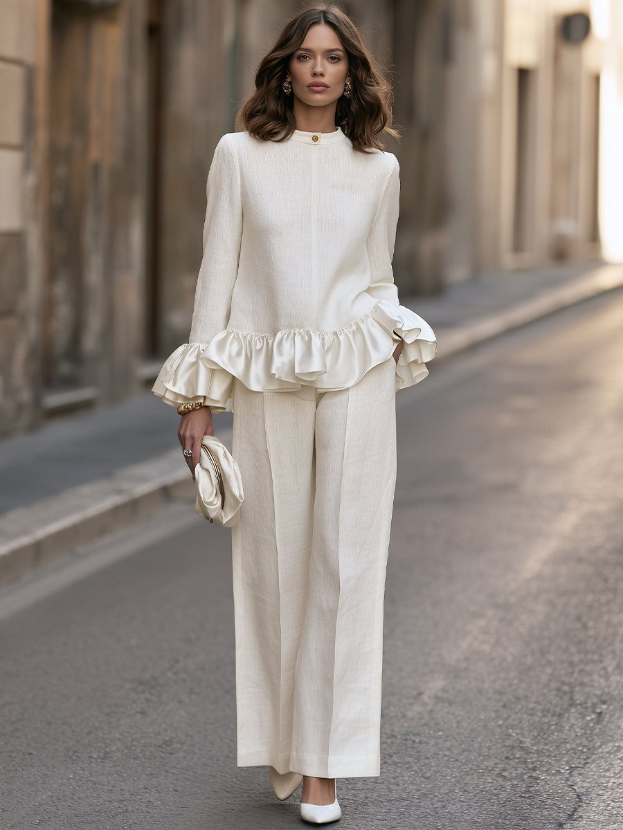 Ruffle-Hem Long-Sleeve Top And Wide-Leg Pants Set