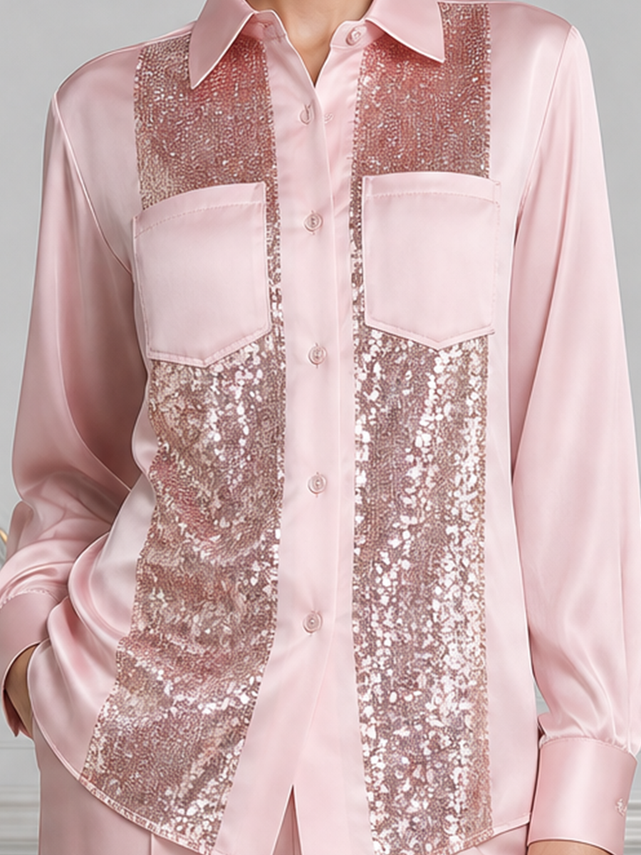 Pink Satin Sequin Button Front Blouse