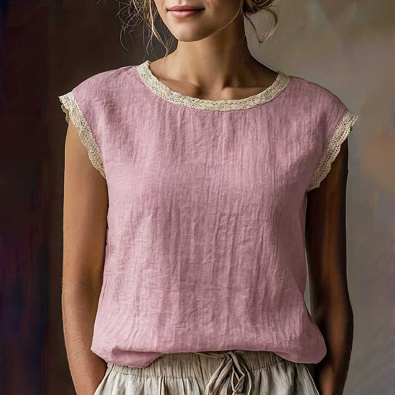 Retro Loose Solid Color Round Neck Lace Patchwork Sleeveless T-shirt